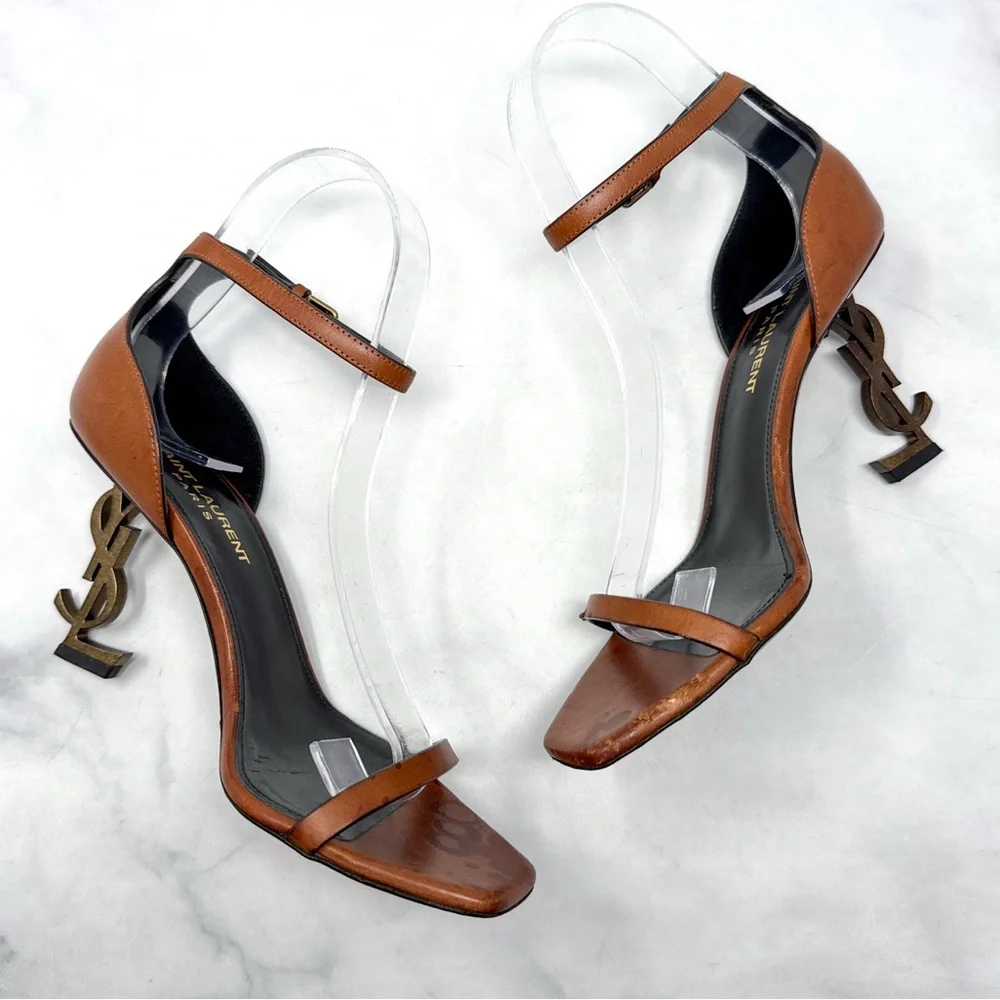 Saint Laurent Opyum 85 Leather YSL Cassandre Monogram Metal Heel Sandal Brown 36 - Picture 5 of 16
